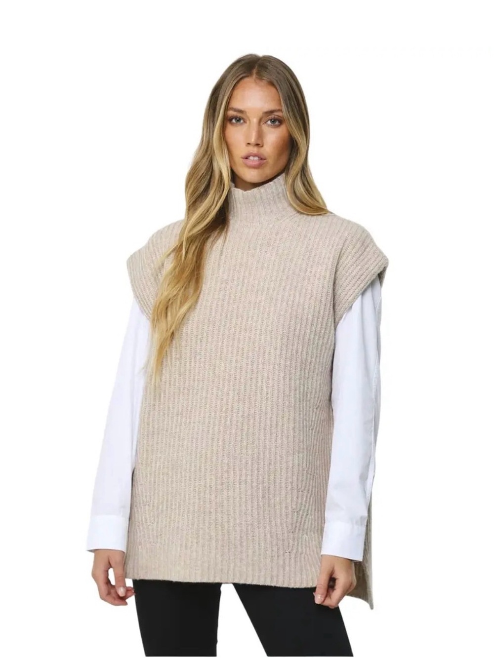Ganni Tan Ribbed Sleeveless Turtleneck Wool Blend Sweater Vest Size S NWT $265